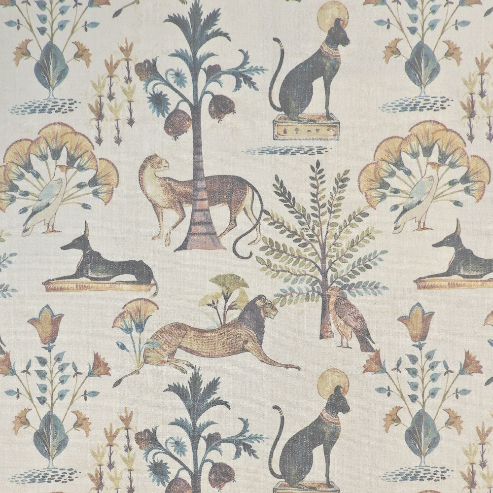 Animalia Fawn Egyptian animal print throw pillow fabric with cats jackals and palms on cream by Decor Fifty-Five - Whats New Furniture Portland OR