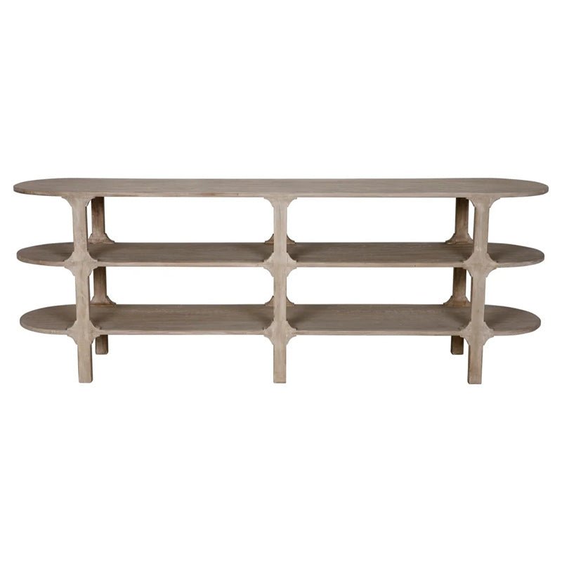 Anita Oval Console in Gray Wash front view - reclaimed wood console table - Whats New Furniture Portland OR