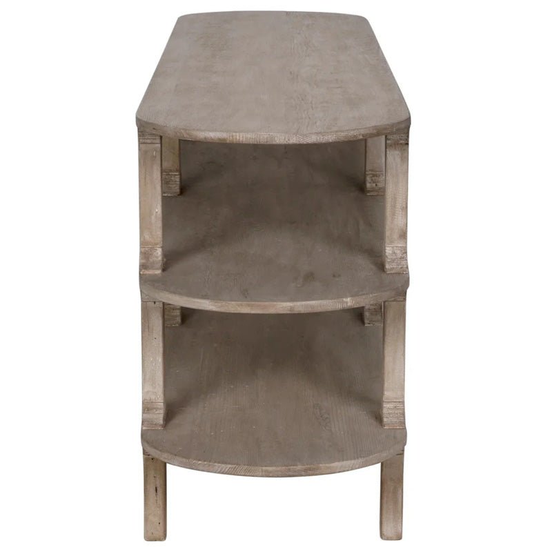Anita Oval Console in Gray Wash side view - reclaimed wood console table - Whats New Furniture Portland OR