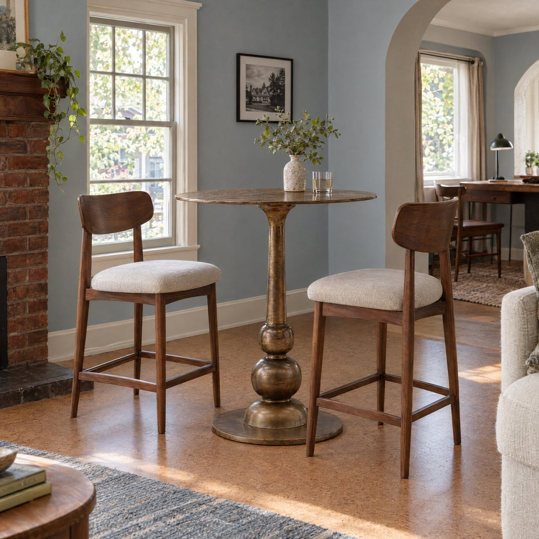 Ansari Round Counter Table - Dark Brass in Dark Brass styled in a Portland home - Whats New Furniture