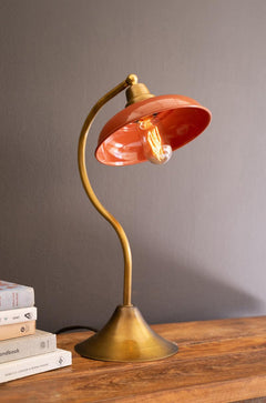 Antique Brass Table Lamp with Orange Enamel Shade — What&