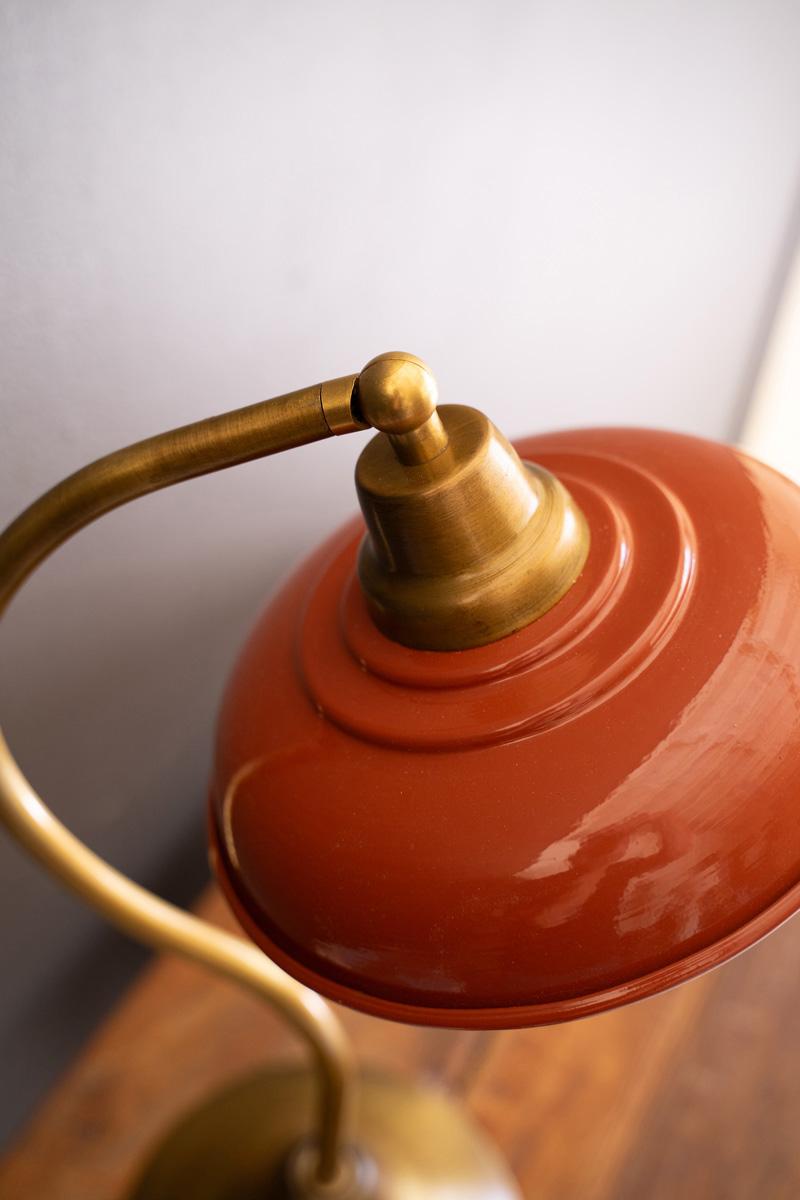 Antique Brass Table Lamp with Orange Enamel Shade — view 2