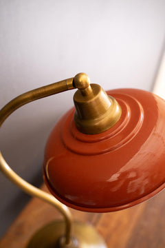 Antique Brass Table Lamp with Orange Enamel Shade — view 2