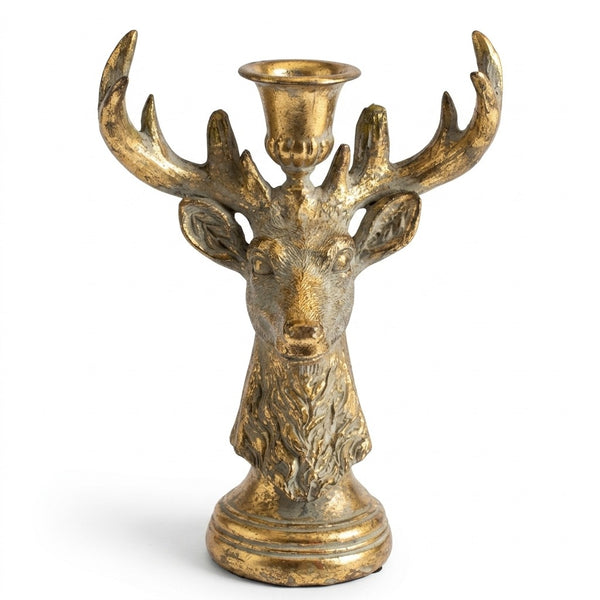 Antique Gold Deer Head Taper Candle Holder front view on white - cast resin stag candle holder by Kalalou - Whats New Furniture Portland OR