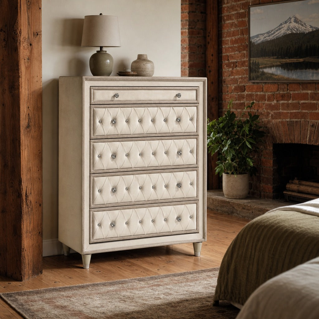 Antonella 5 Drawer Bedroom Chest Ivory And Camel styled in Portland converted warehouse flat with warm exposed brick and fir timber beams (no steel, no concrete) living room - What&