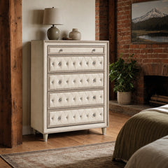 Antonella 5 Drawer Bedroom Chest Ivory And Camel styled in Portland converted warehouse flat with warm exposed brick and fir timber beams (no steel, no concrete) living room - What&