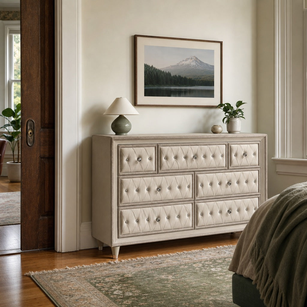 Antonella 7 Drawer Upholstered Dresser Ivory And Camel styled in Portland NW 23rd Victoriwith a bay window living room - What&
