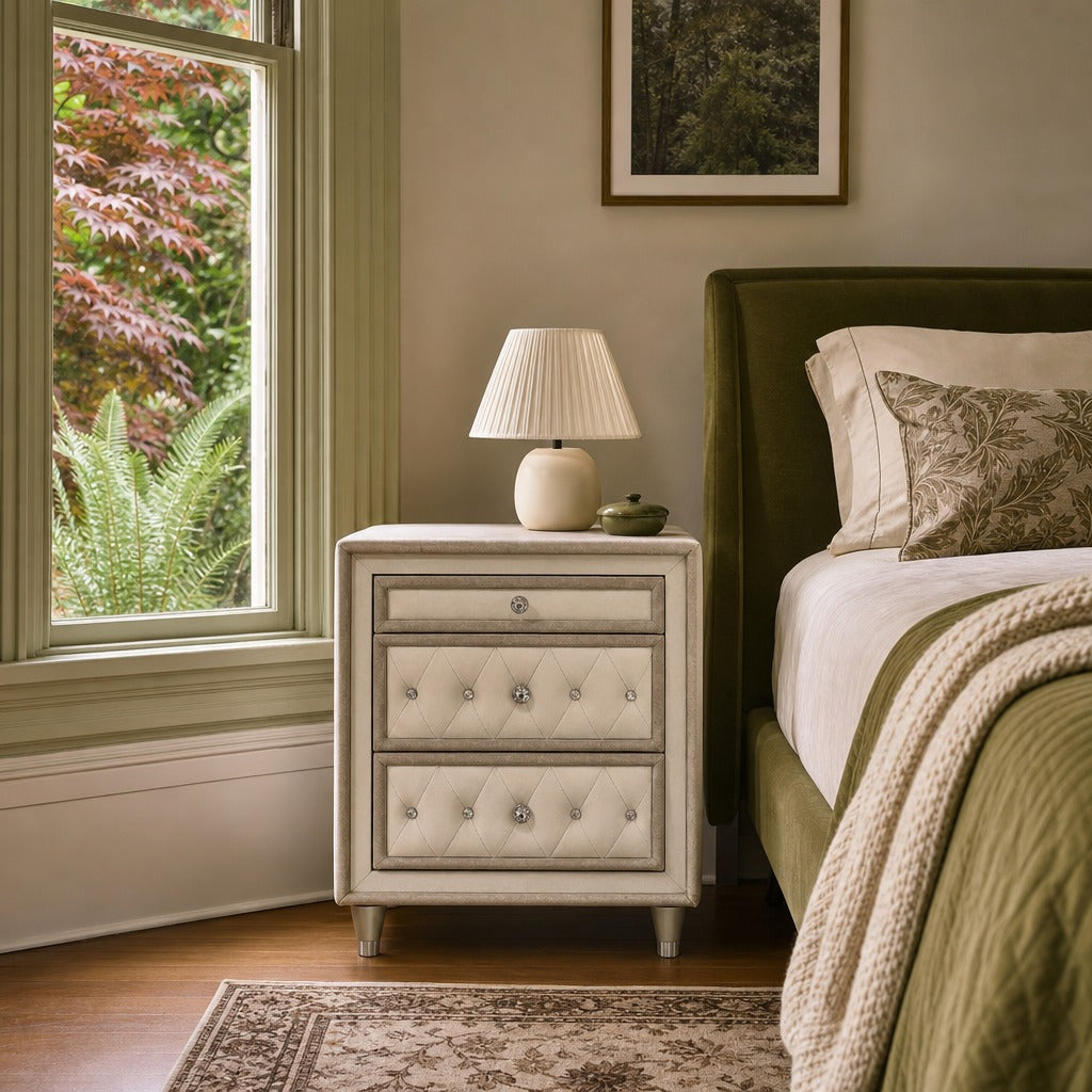 Antonella Upholstered 3 Drawer Nightstand Ivory And Camel styled in Portland NW 23rd Victoriwith a bay window living room - What&