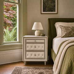 Antonella Upholstered 3 Drawer Nightstand Ivory And Camel styled in Portland NW 23rd Victoriwith a bay window living room - What&