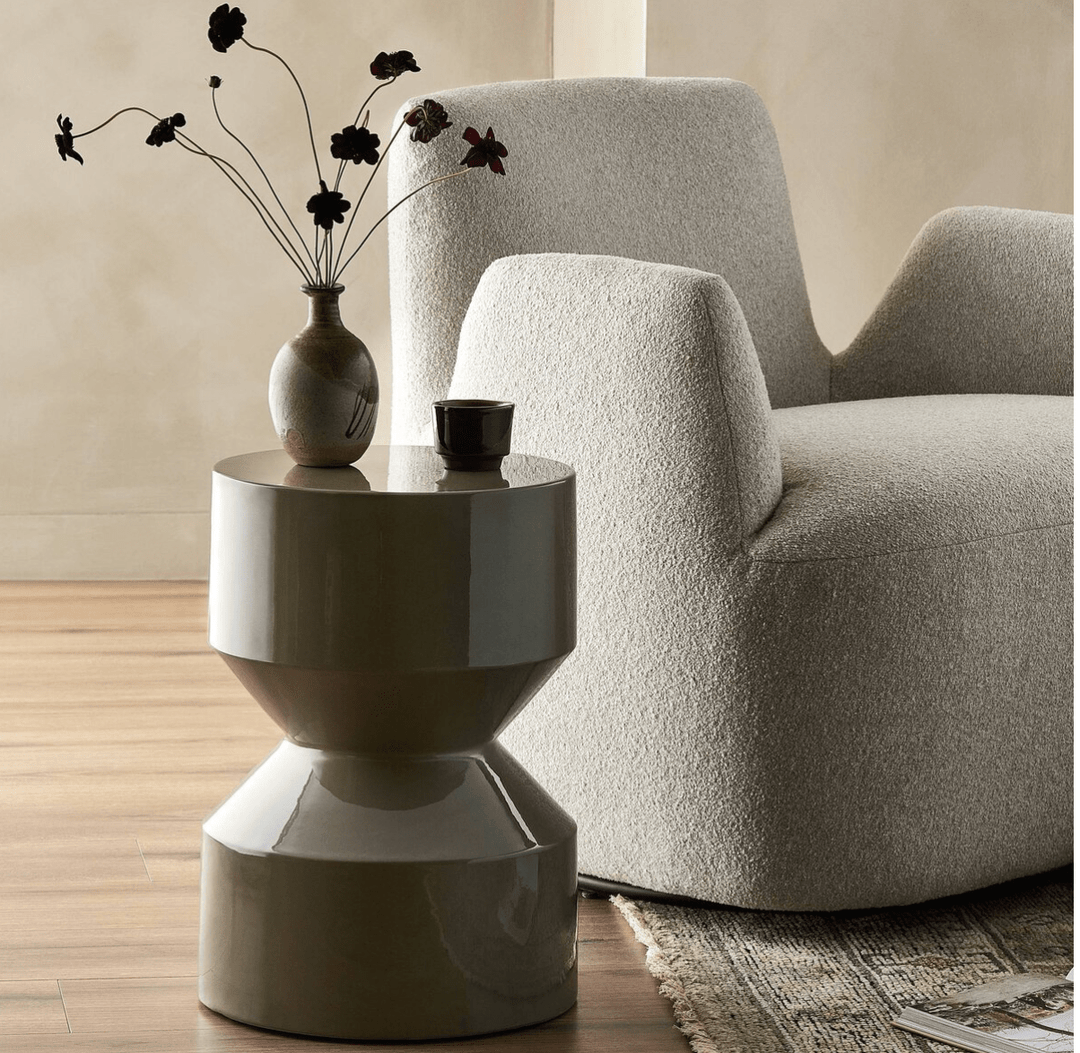 Ara End Table in Moss Green room setting - concrete end table by Four Hands - Whats New Furniture Portland OR