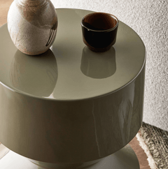 Ara End Table in Moss Green styled room setting - concrete end table by Four Hands - Whats New Furniture Portland OR