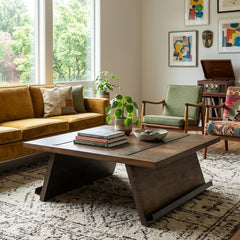 Arcadia Coffee Table in Tanner Brown alternate lifestyle setting - reclaimed wood coffee table by Four Hands - Whats New Furniture Portland OR