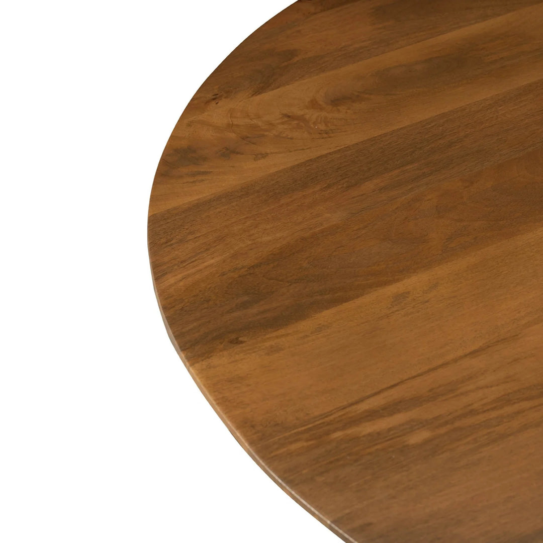 Arcadia Round 3-Legged Dining Table in Medium Walnut detail view - round mango wood dining table by LH Imports - Whats New Furniture Portland OR