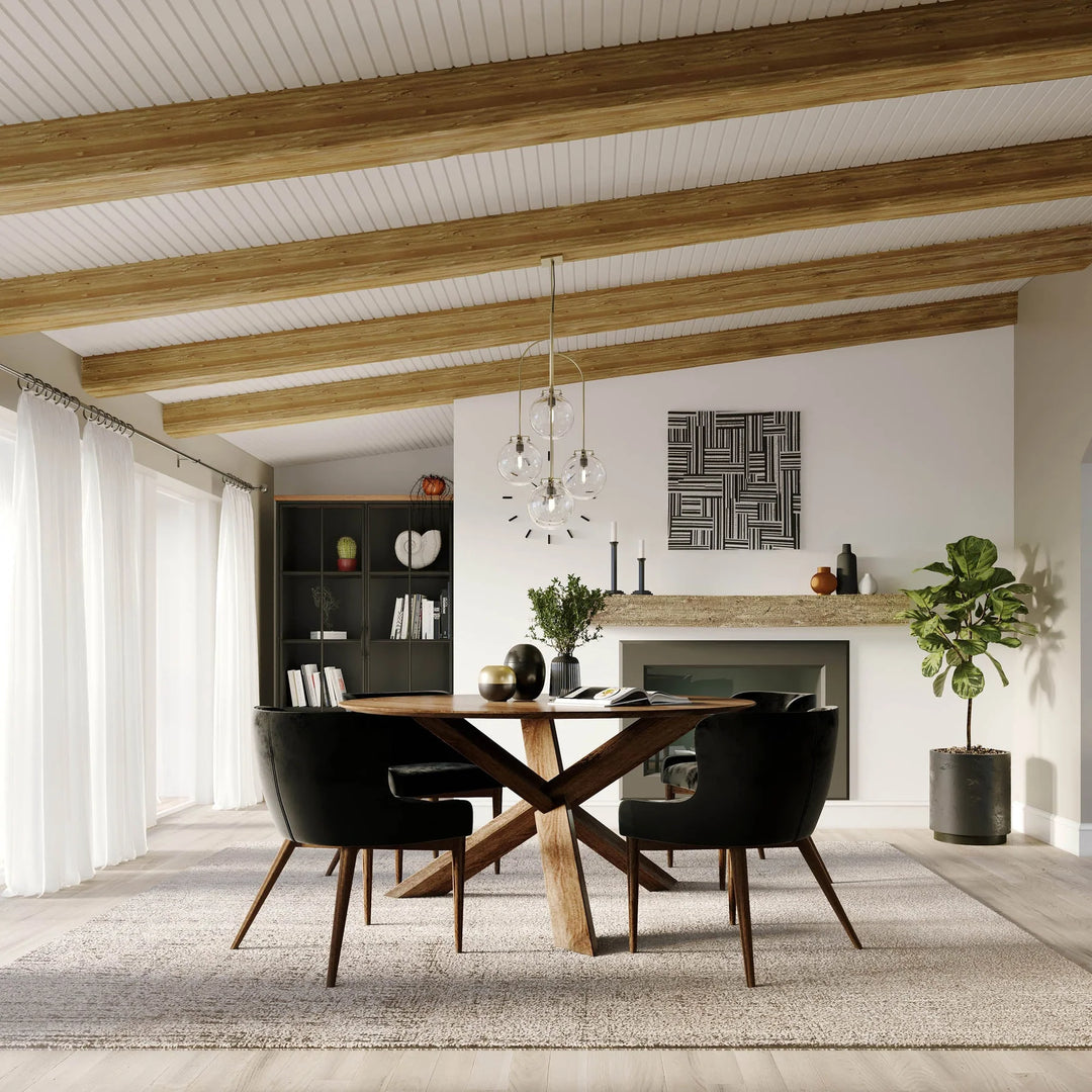Arcadia Round 3-Legged Dining Table in Medium Walnut lifestyle setting - round mango wood dining table by LH Imports - Whats New Furniture Portland OR