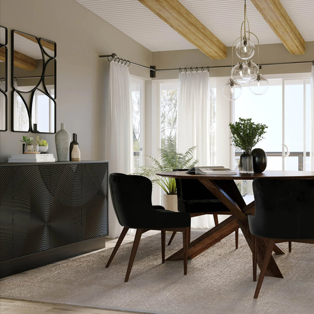 Arcadia Round 3-Legged Dining Table in Medium Walnut room setting - round mango wood dining table by LH Imports - Whats New Furniture Portland OR