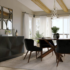 Arcadia Round 3-Legged Dining Table in Medium Walnut room setting - round mango wood dining table by LH Imports - Whats New Furniture Portland OR