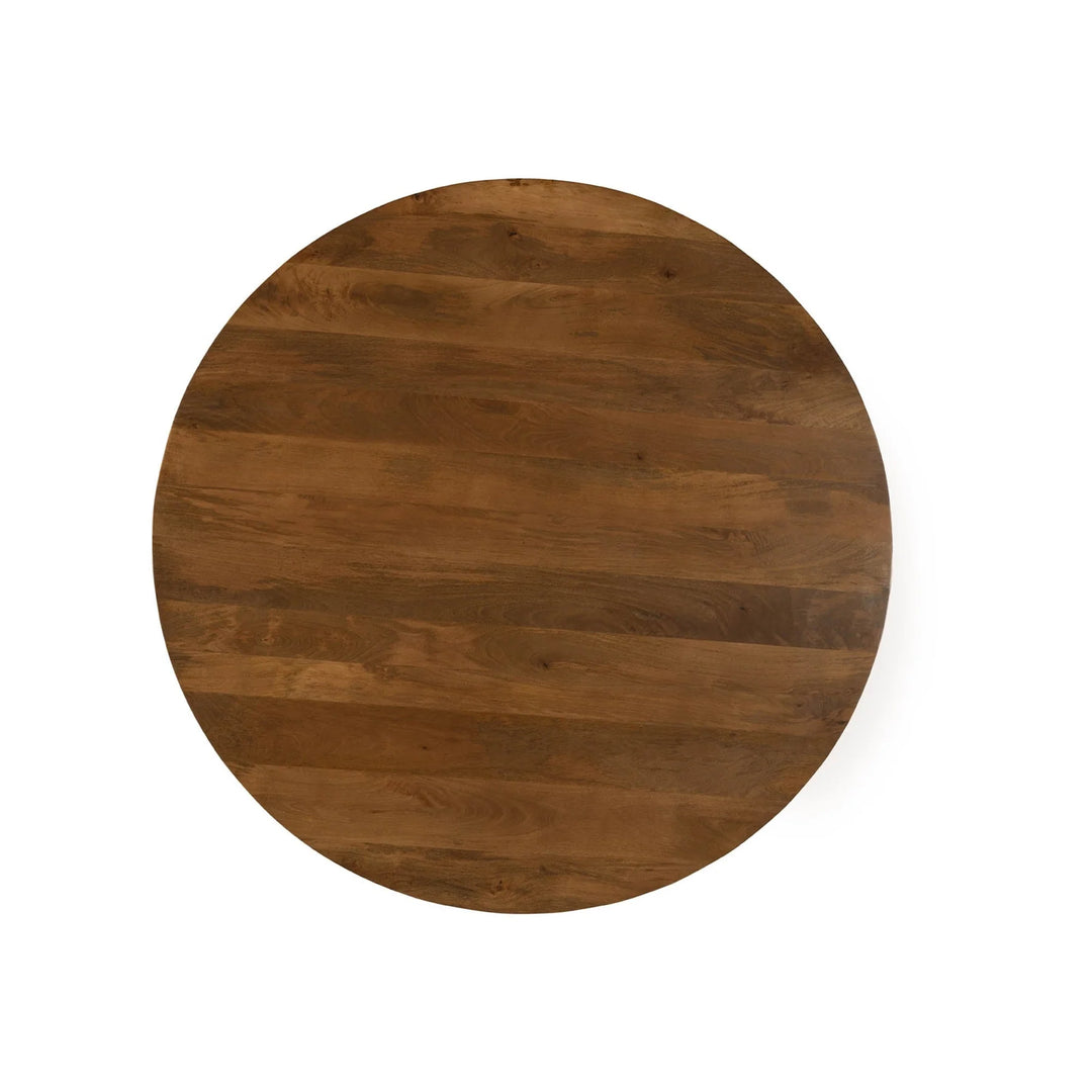 Arcadia Round 3-Legged Dining Table in Medium Walnut top-down view - round mango wood dining table by LH Imports - Whats New Furniture Portland OR