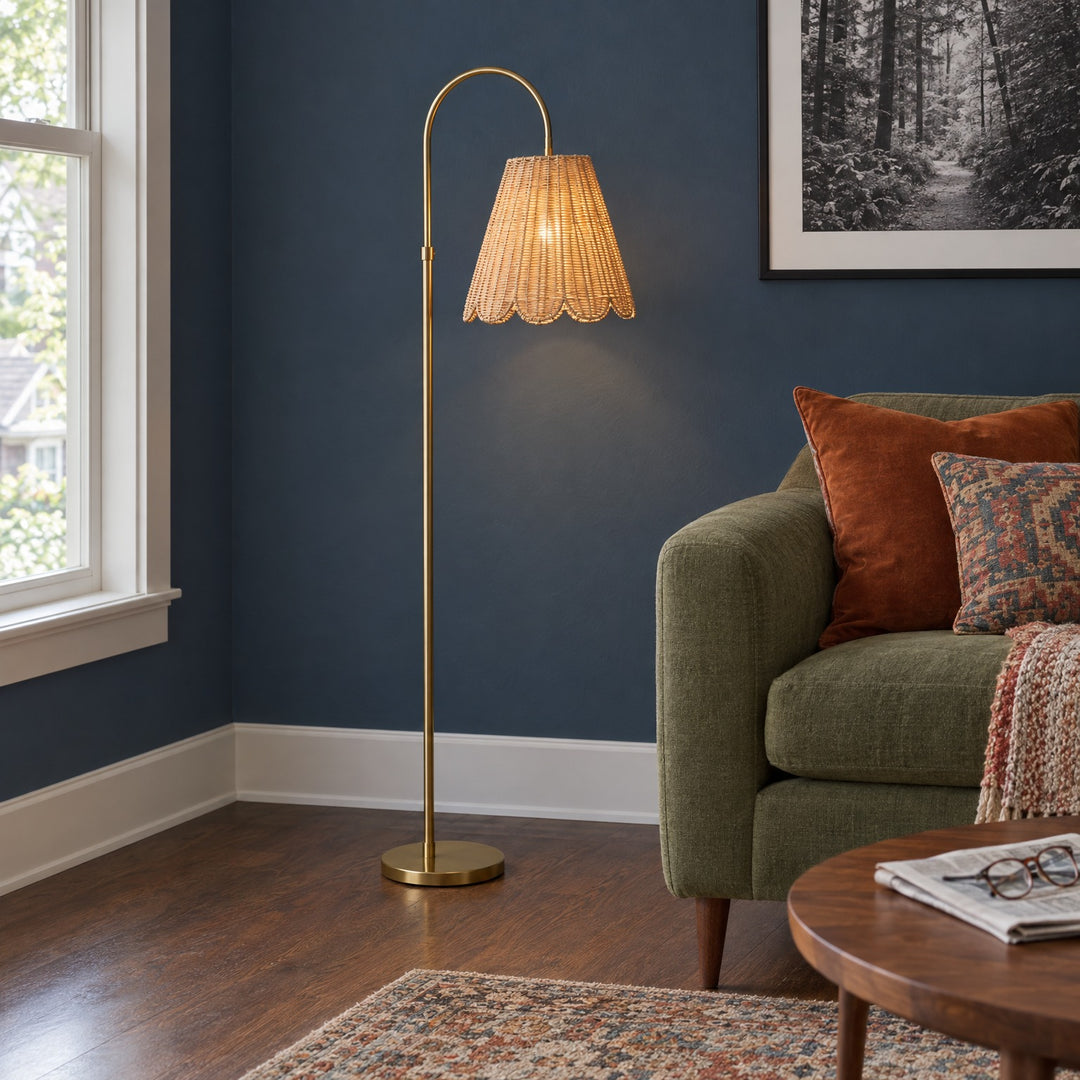 Arched Brass Floor Lamp with Scalloped Woven Shade 66" styled in a Portland living room - Whats New Furniture