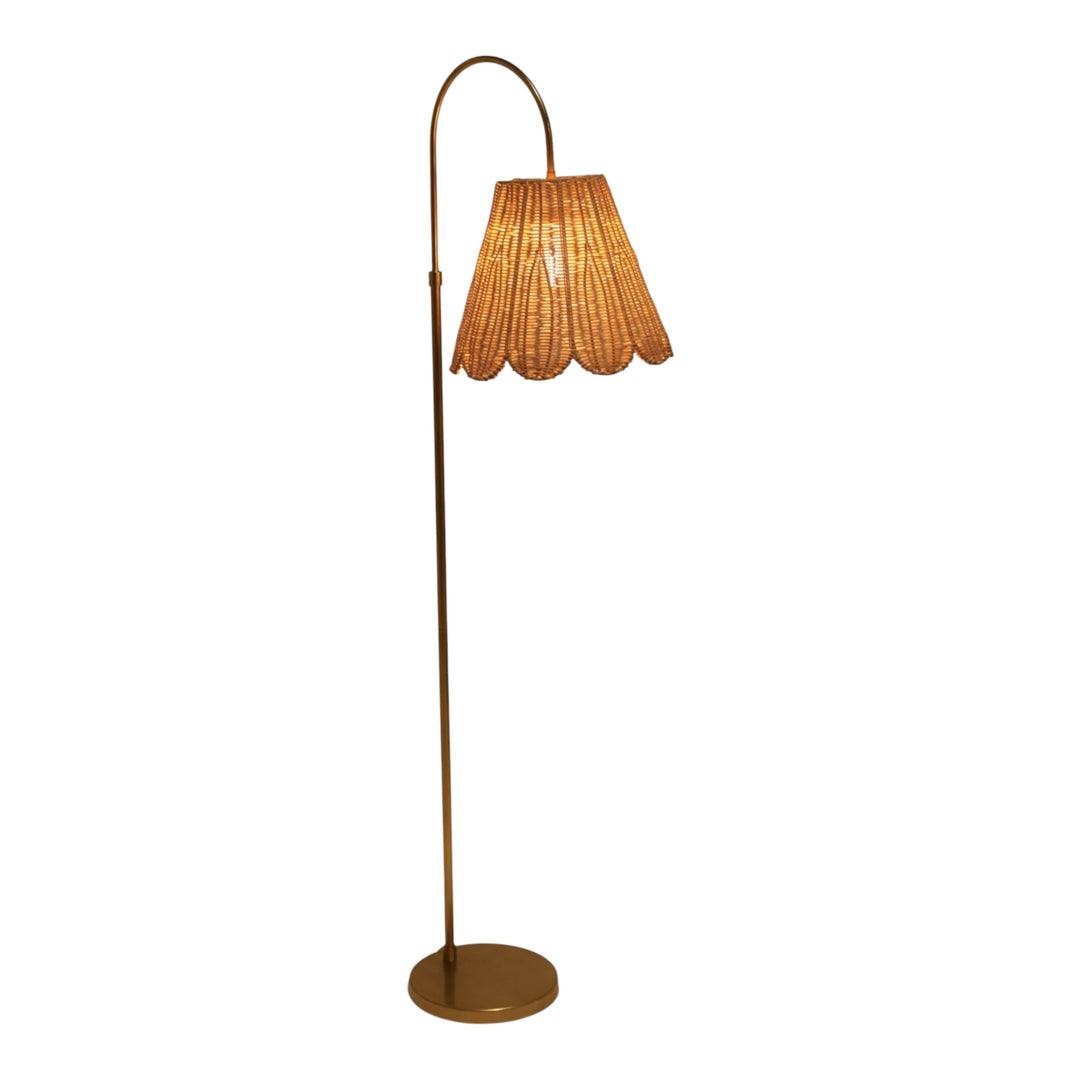 Arched Brass Floor Lamp with Scalloped Woven Shade 66" lit up - floor lamp by Sagebrook Home - Whats New Furniture Portland OR