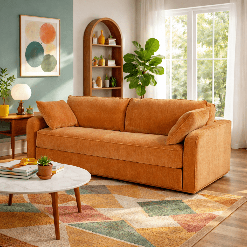 Argyle Sleeper Sofa in Canna Pumpkin alternate lifestyle setting - sleeper sofa private label - Whats New Furniture Portland OR
