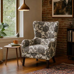 Arianna Swoop Wing Chair in Multi styled in Portland living room - Whats New Furniture