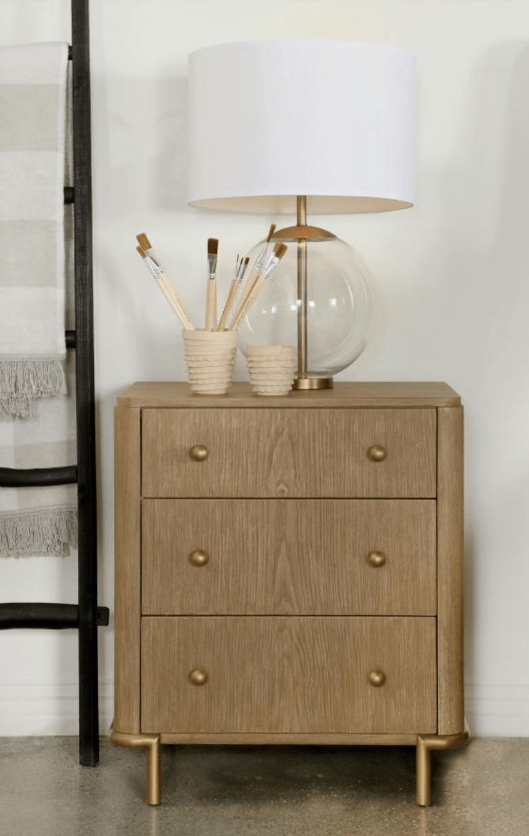 Arini 3-Drawer Nightstand in Sand Wash room setting - three-drawer nightstand by Coaster - Whats New Furniture Portland OR