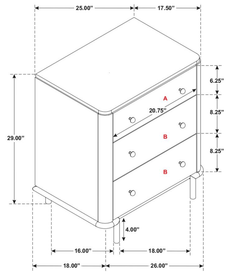 Arini 3-Drawer Nightstand in Sand Wash spec sheet - three-drawer nightstand by Coaster - Whats New Furniture Portland OR
