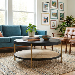 Arini Round Coffee Table in Black room setting - round coffee table by Coaster - Whats New Furniture Portland OR