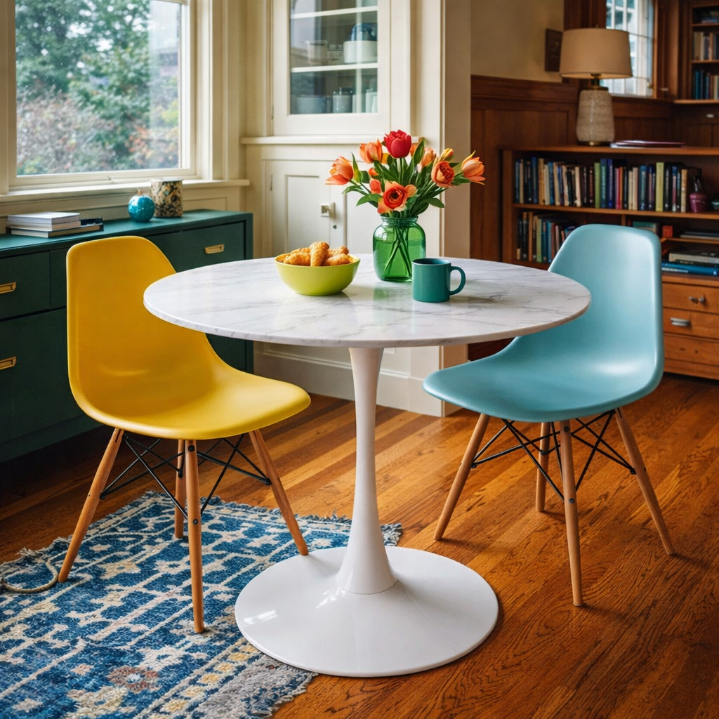 Arkell Round Dining Table in white marble side angle - round marble dining table by Coaster - Whats New Furniture Portland OR