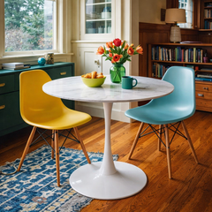 Arkell Round Dining Table in white marble side angle - round marble dining table by Coaster - Whats New Furniture Portland OR