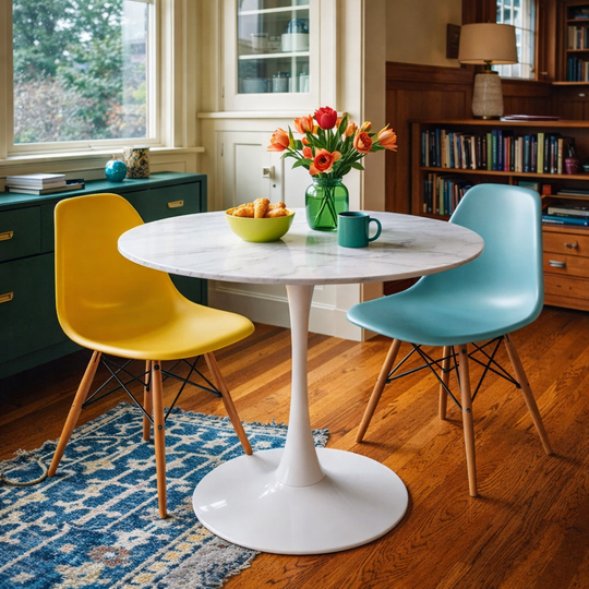 Arkell Round Dining Table in white marble side angle - round marble dining table by Coaster - Whats New Furniture Portland OR