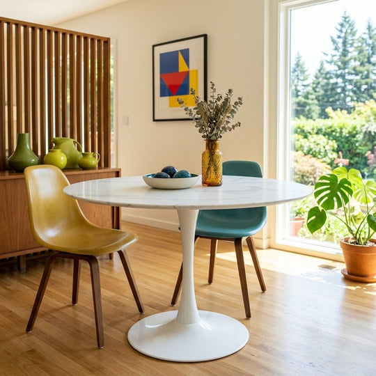Arkell Round Dining Table in white marble detail view - round marble dining table by Coaster - Whats New Furniture Portland OR