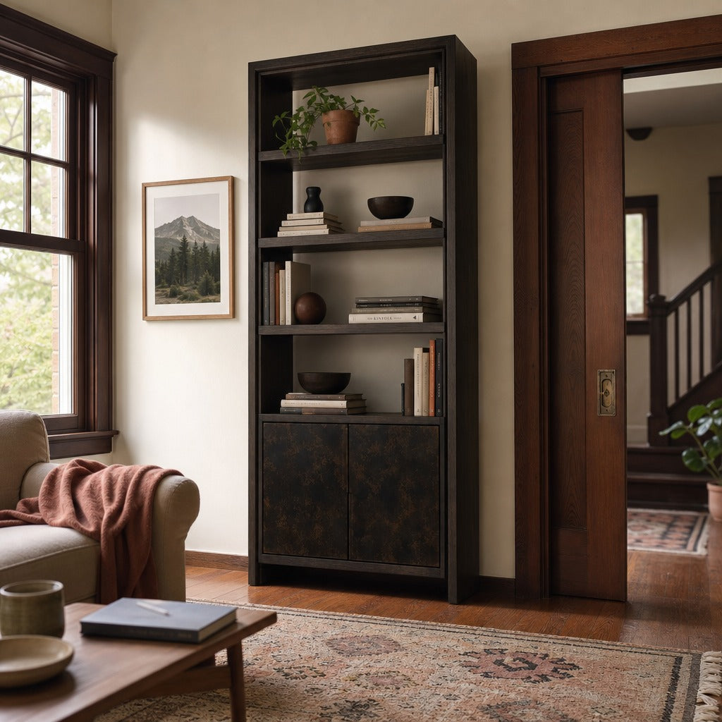Arlington 2-Door Bookcase styled in Portland Laurelhurst Tudor cottage living room - Whats New Furniture