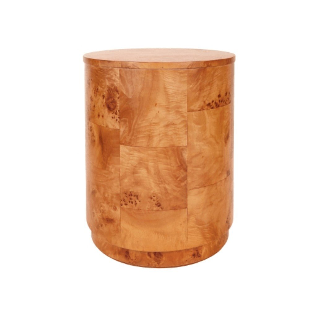 Arsenio Burl Wood Round Side/End Table in Golden Brown Burl - golden brown burl side table by NPD - Whats New Furniture Portland OR