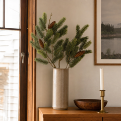 Artificial Fir Spray with Pine Cones styled in a Portland home - faux plants by Kalalou - Whats New Furniture Portland OR