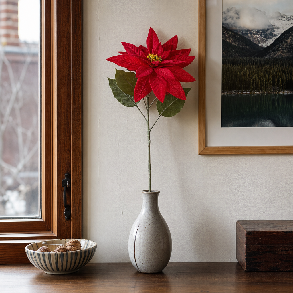 Artificial Red Poinsettia Stem styled in a Portland home - faux plants by Kalalou - Whats New Furniture Portland OR
