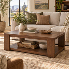 Asher 48 Inch Rectangular Coffee Table in Burnished Walnut styled in a Portland home - Whats New Furniture Portland