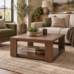 Asher 36 Inch Square Coffee Table in Burnished Walnut styled in a Portland home - Whats New Furniture Portland