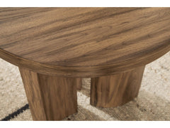 Austanny End Table in Warm Brown product detail - round end table by Ashley - Whats New Furniture Portland OR