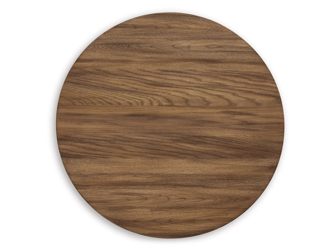 Austanny End Table in Warm Brown top-down view - round end table by Ashley - Whats New Furniture Portland OR