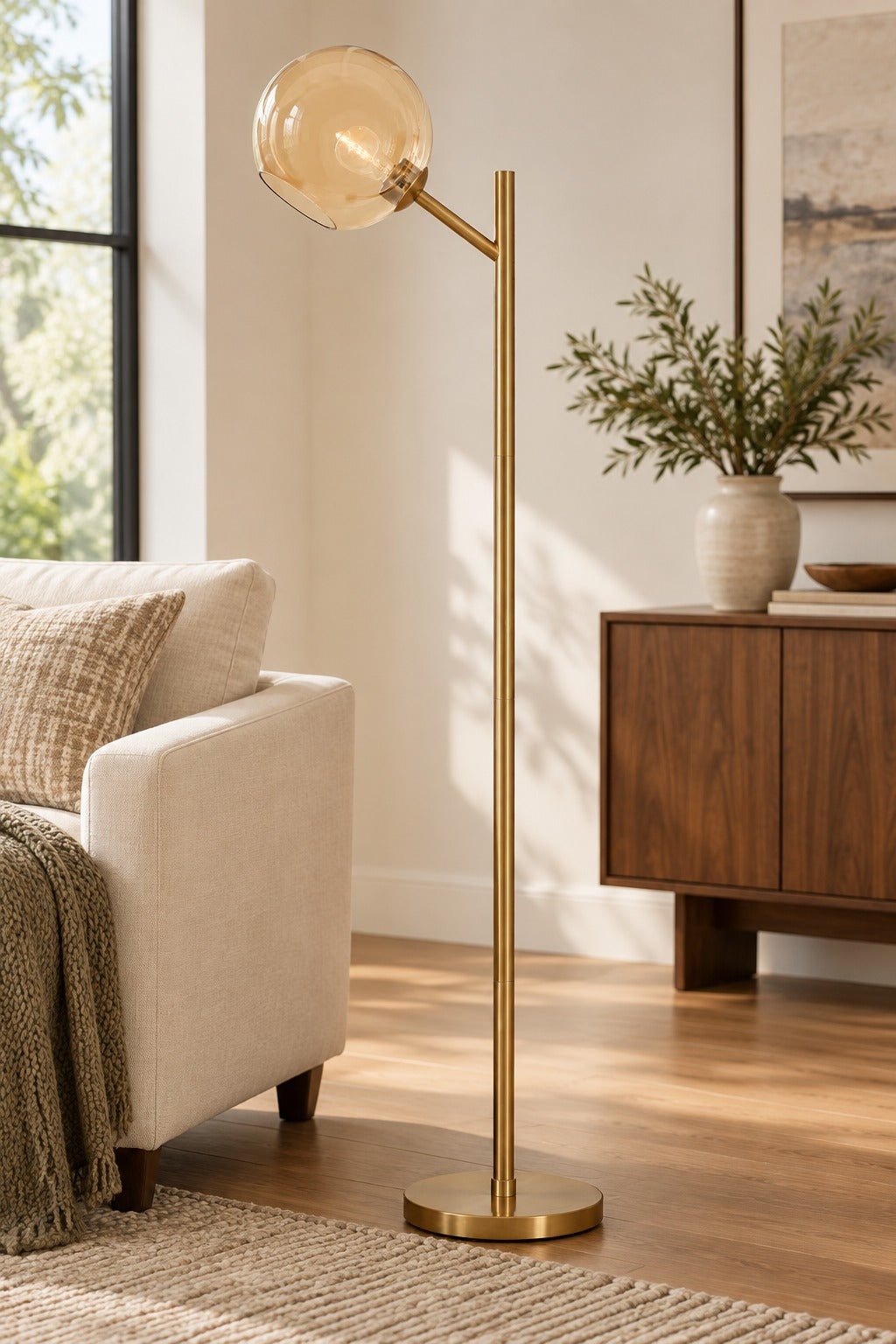 Abanson Amber Glass Floor Lamp in Amber/Gold Finish styled in a Portland home — lifestyle view