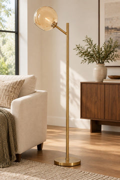 Abanson Amber Glass Floor Lamp in Amber/Gold Finish styled in a Portland home — lifestyle view