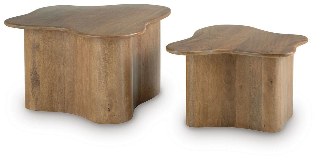 Abeford Nesting Coffee Tables shown pulled apart - solid mango wood set of 2 - Whats New Furniture Portland OR