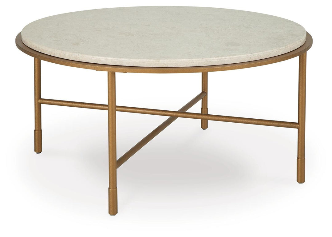 Alben Round Marble Coffee Table angled view showing the goldtone steel frame - Whats New Furniture Portland OR