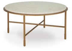 Alben Round Marble Coffee Table angled view showing the goldtone steel frame - Whats New Furniture Portland OR