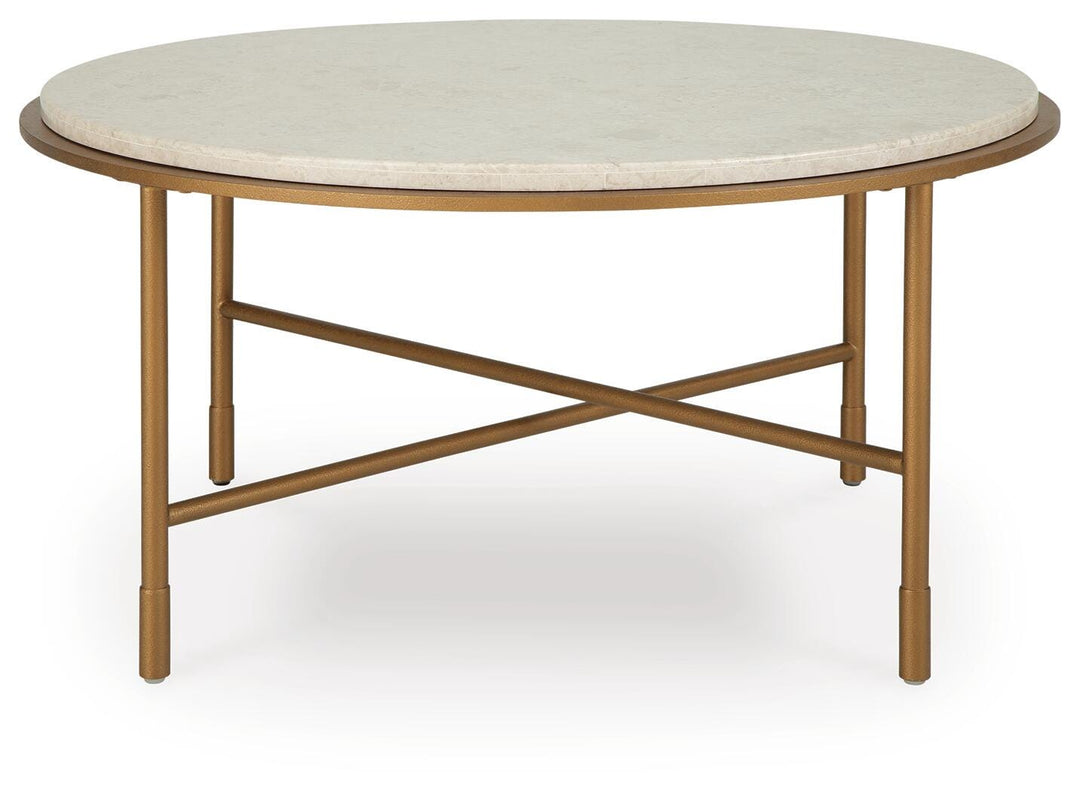 Alben Round Marble Coffee Table straight-on view of the 36 inch marble top - Whats New Furniture Portland OR