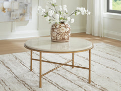 Alben Round Marble Coffee Table in antique gold front view - Ashley marble coffee table - Whats New Furniture Portland OR