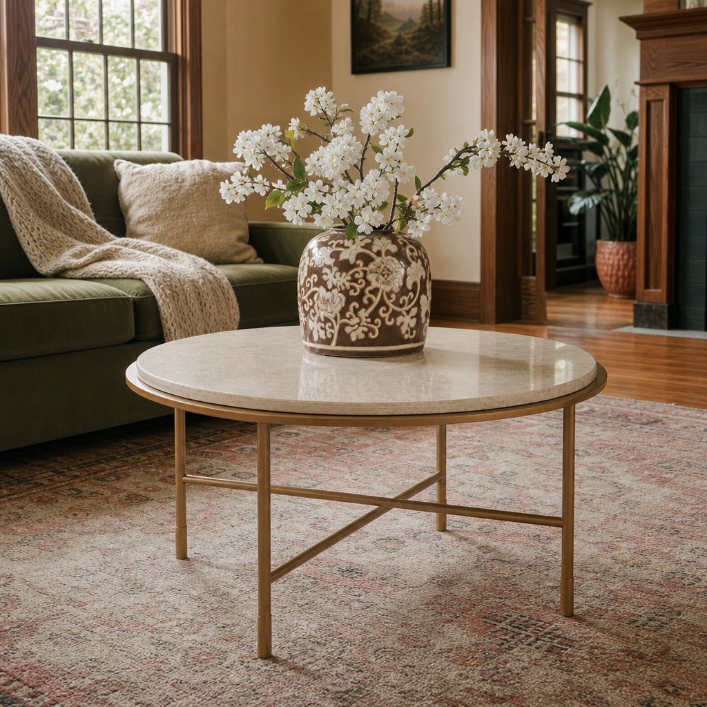 Alben Round Marble Coffee Table in Antique Gold styled in a Portland living room - Whats New Furniture