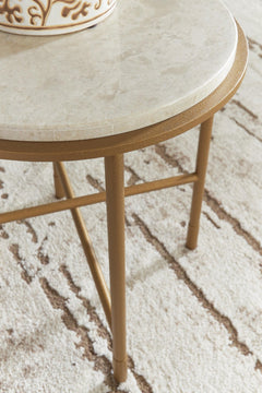 Alben Round Marble End Table detail of the natural marble veining and gold frame - Whats New Furniture Portland OR