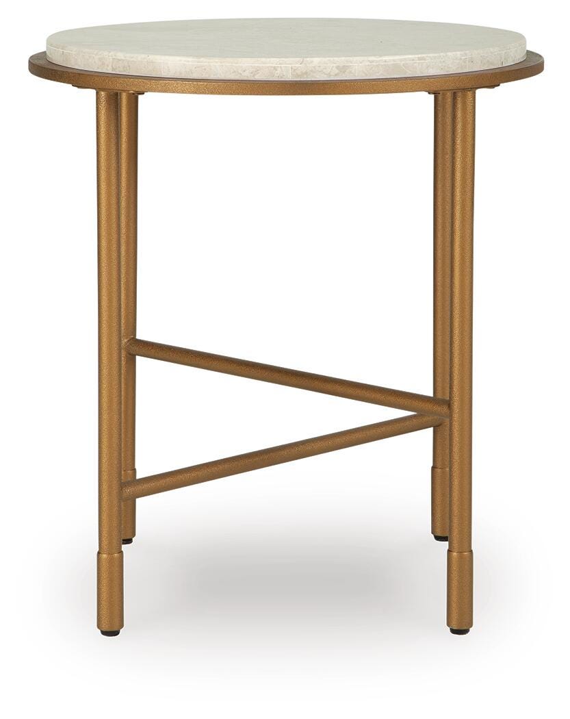 Alben Round Marble End Table straight-on view of the slim metal base - Whats New Furniture Portland OR